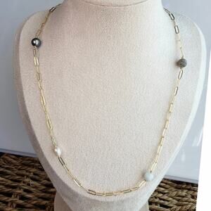 17", Delicate Gold Plated Paperclip Chain w/ Pearls, Moonstone, & Labradorite